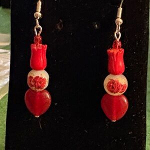 Hand Crafted Red and White Heart Earrings